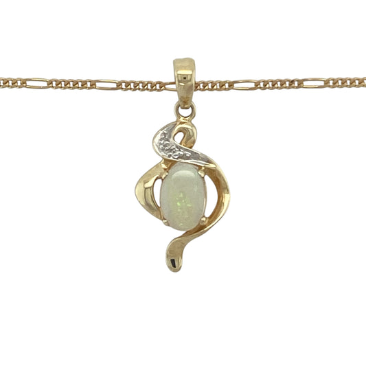 Add timeless elegance and iridescent beauty to your jewellery collection with this pre-owned 9ct yellow gold diamond and opal swirl pendant necklace. Featuring a captivating opal accented by sparkling diamonds within a graceful swirl design, this beautiful necklace is perfect for both everyday wear and special occasions.

Design: The pendant showcases an elegant swirl motif centred around a stunning opal, displaying the enchanting play of colour for which this gemstone is renowned.