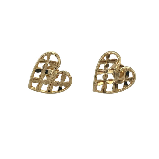 Add a touch of timeless charm to your jewellery collection with these pre-owned 9ct yellow gold open cross hatch heart stud earrings. Featuring an elegant heart design with decorative openwork detailing, these versatile earrings are perfect for everyday wear or as a thoughtful gift for someone special.

Design: The earrings showcase an open heart motif with an attractive cross hatch pattern, creating texture and visual interest while maintaining a delicate and feminine appearance.