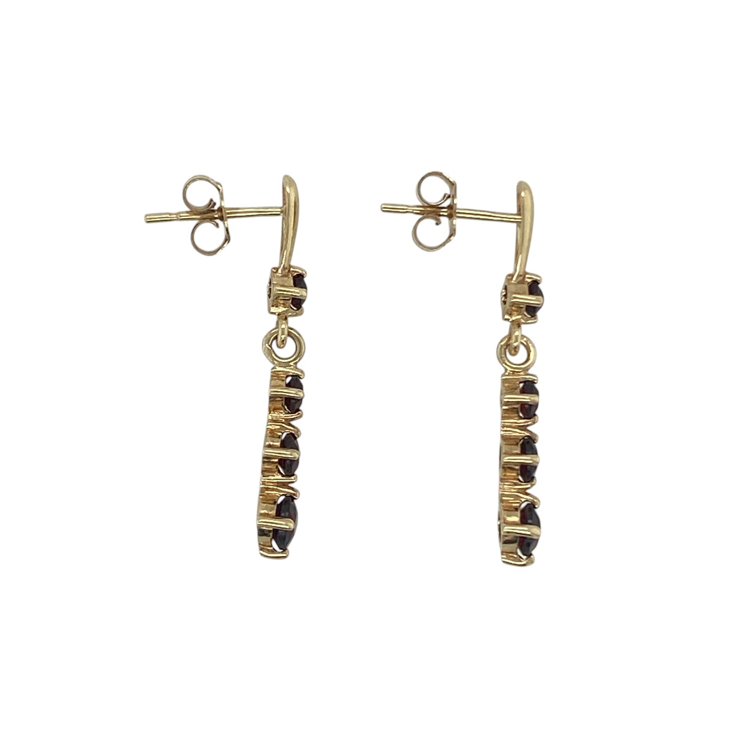 Add rich colour and timeless elegance to your jewellery collection with these pre-owned 9ct yellow gold garnet drop earrings. Featuring four round garnet gemstones in each earring, these elegant drops offer beautiful movement and deep red tones that are perfect for both everyday wear and special occasions.

Design: The earrings showcase a graceful drop design, each adorned with four round garnet stones arranged to create an eye-catching display of colour and sparkle.