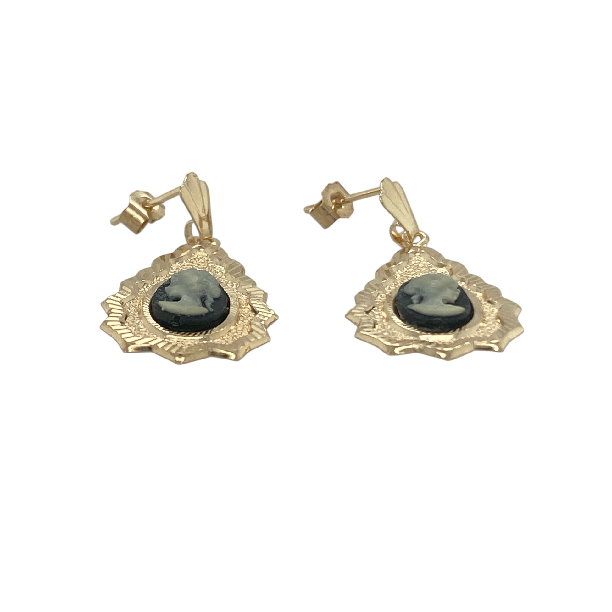 Add vintage charm and timeless elegance to your jewellery collection with these pre-owned 9ct yellow gold black cameo fancy drop earrings. Featuring beautifully detailed cameo stones in an elegant drop design, these distinctive earrings offer classic style with a touch of antique-inspired sophistication.

Design: The earrings showcase oval black cameo stones measuring approximately 8mm by 6mm each, suspended within a graceful drop design.