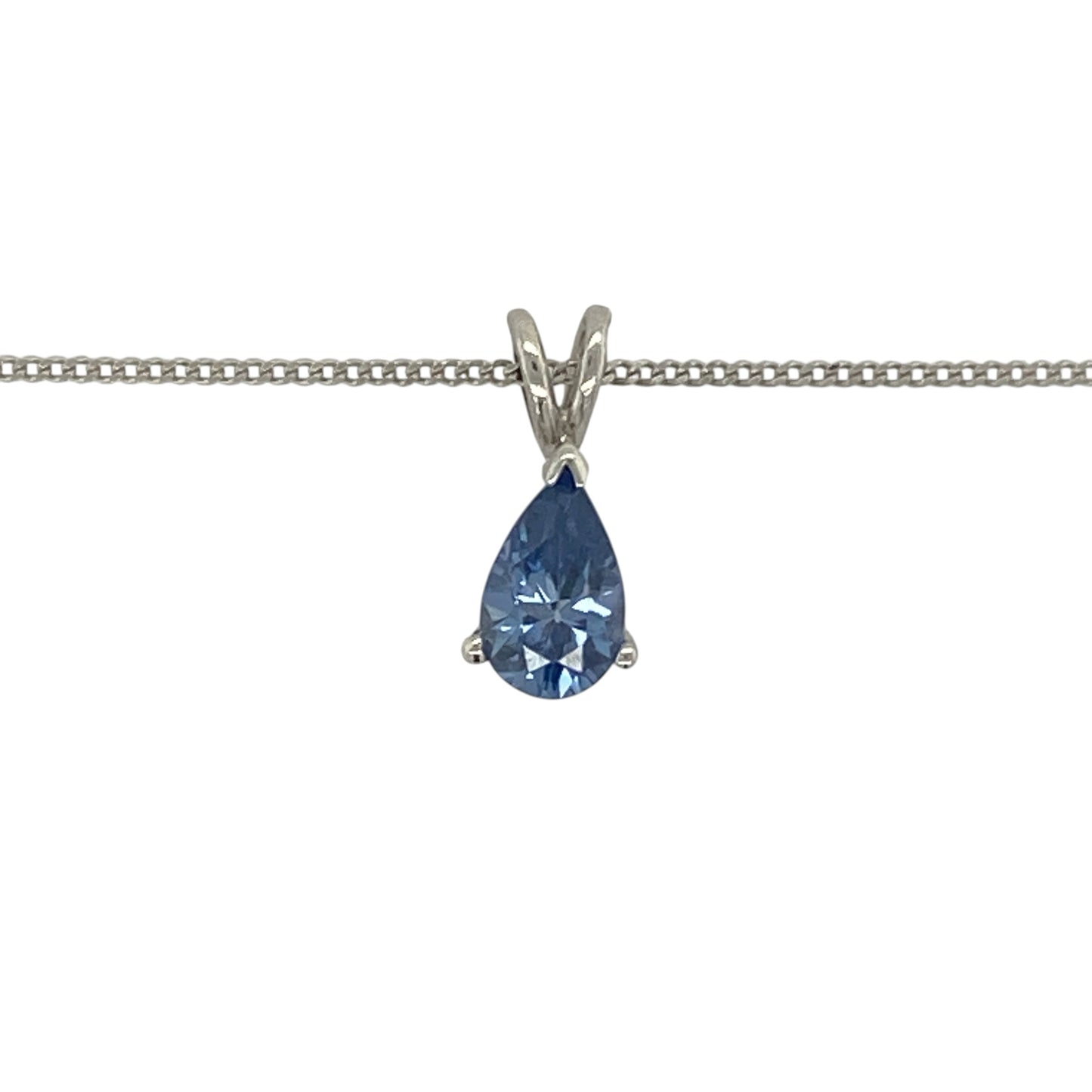 Add a touch of rare beauty and vibrant colour to your jewellery collection with this pre-owned 9ct white gold tanzanite pendant necklace. Featuring a stunning pear-cut tanzanite suspended from a classic curb chain, this elegant necklace is perfect for everyday luxury or special occasions.

Design: The pendant showcases a beautiful pear-cut tanzanite measuring approximately 8mm by 5mm, displaying the captivating violet-blue tones that make tanzanite one of the most sought-after gemstones.