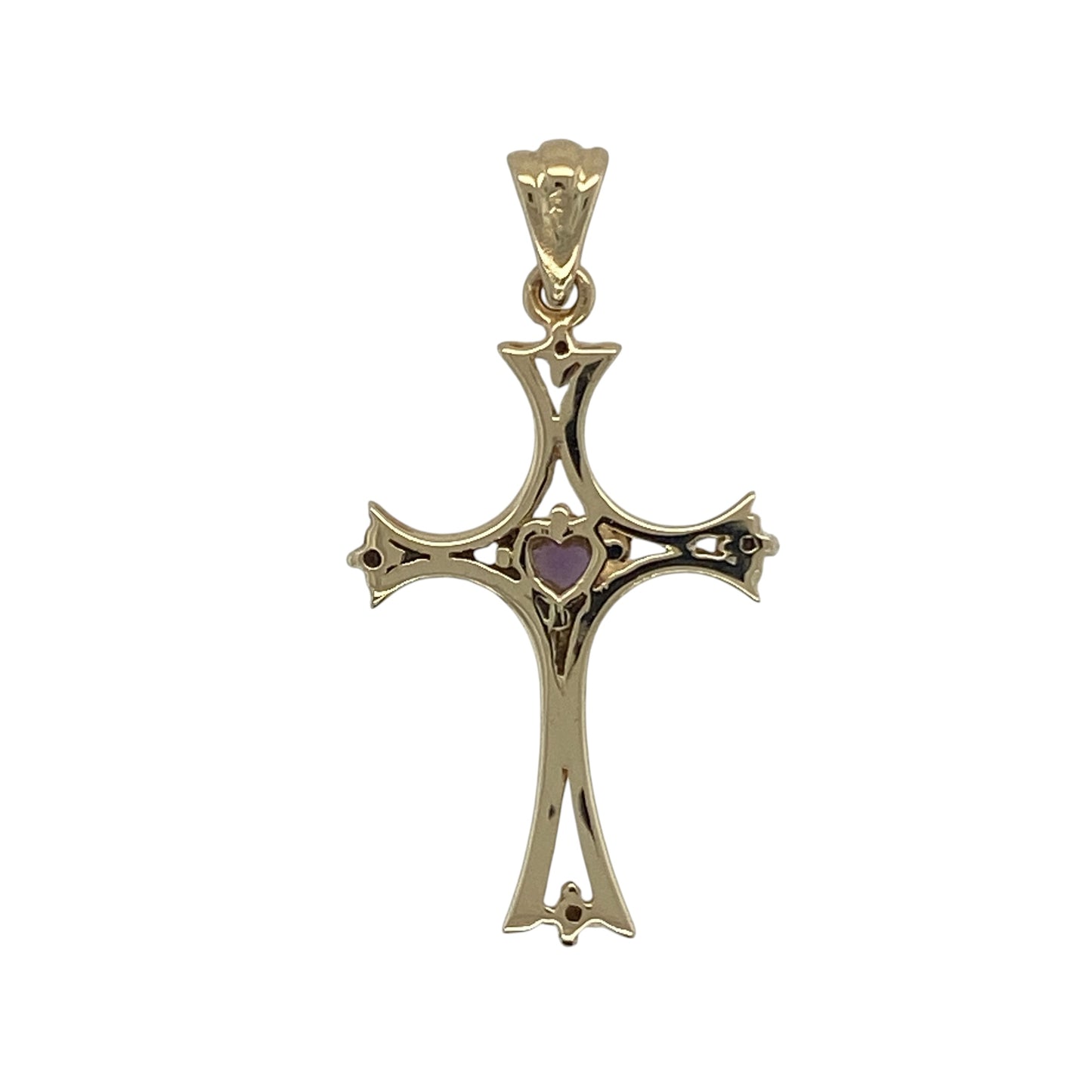 Add meaningful symbolism and vibrant colour to your jewellery collection with this pre-owned 9ct yellow gold diamond and amethyst cross pendant. Featuring a rich purple amethyst accented by sparkling diamonds within a timeless cross design, this elegant pendant is perfect for everyday wear or as a thoughtful gift.

Design: The pendant showcases a classic cross motif highlighted by a round amethyst gemstone measuring approximately 4mm in diameter.