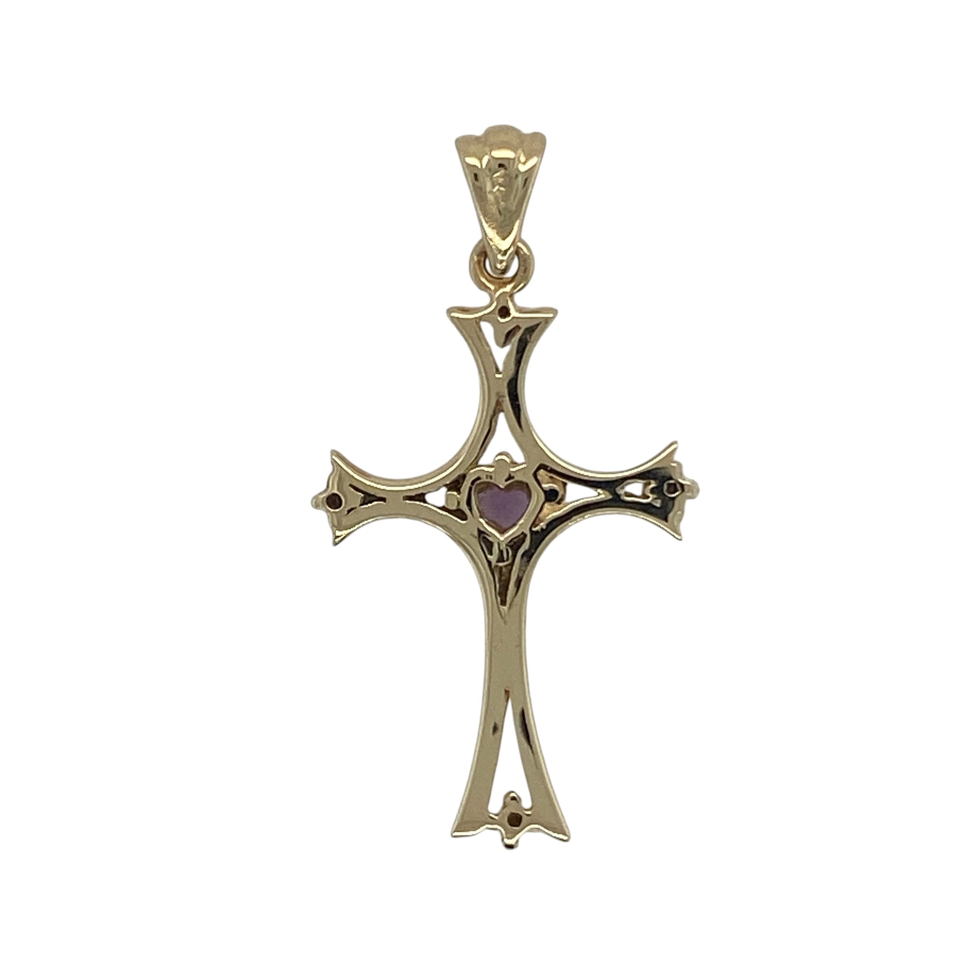 Add meaningful symbolism and vibrant colour to your jewellery collection with this pre-owned 9ct yellow gold diamond and amethyst cross pendant. Featuring a rich purple amethyst accented by sparkling diamonds within a timeless cross design, this elegant pendant is perfect for everyday wear or as a thoughtful gift.

Design: The pendant showcases a classic cross motif highlighted by a round amethyst gemstone measuring approximately 4mm in diameter.