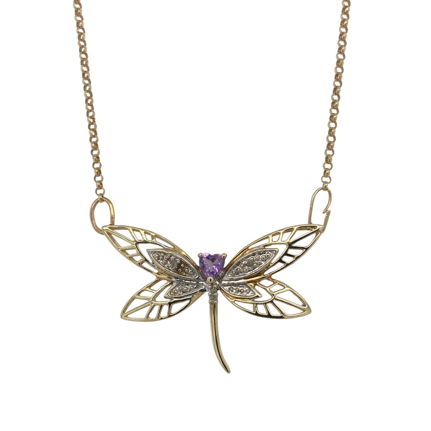 9ct Gold Diamond & Amethyst Dragonfly 16" Necklace