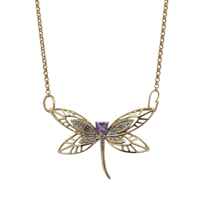 9ct Gold Diamond & Amethyst Dragonfly 16" Necklace