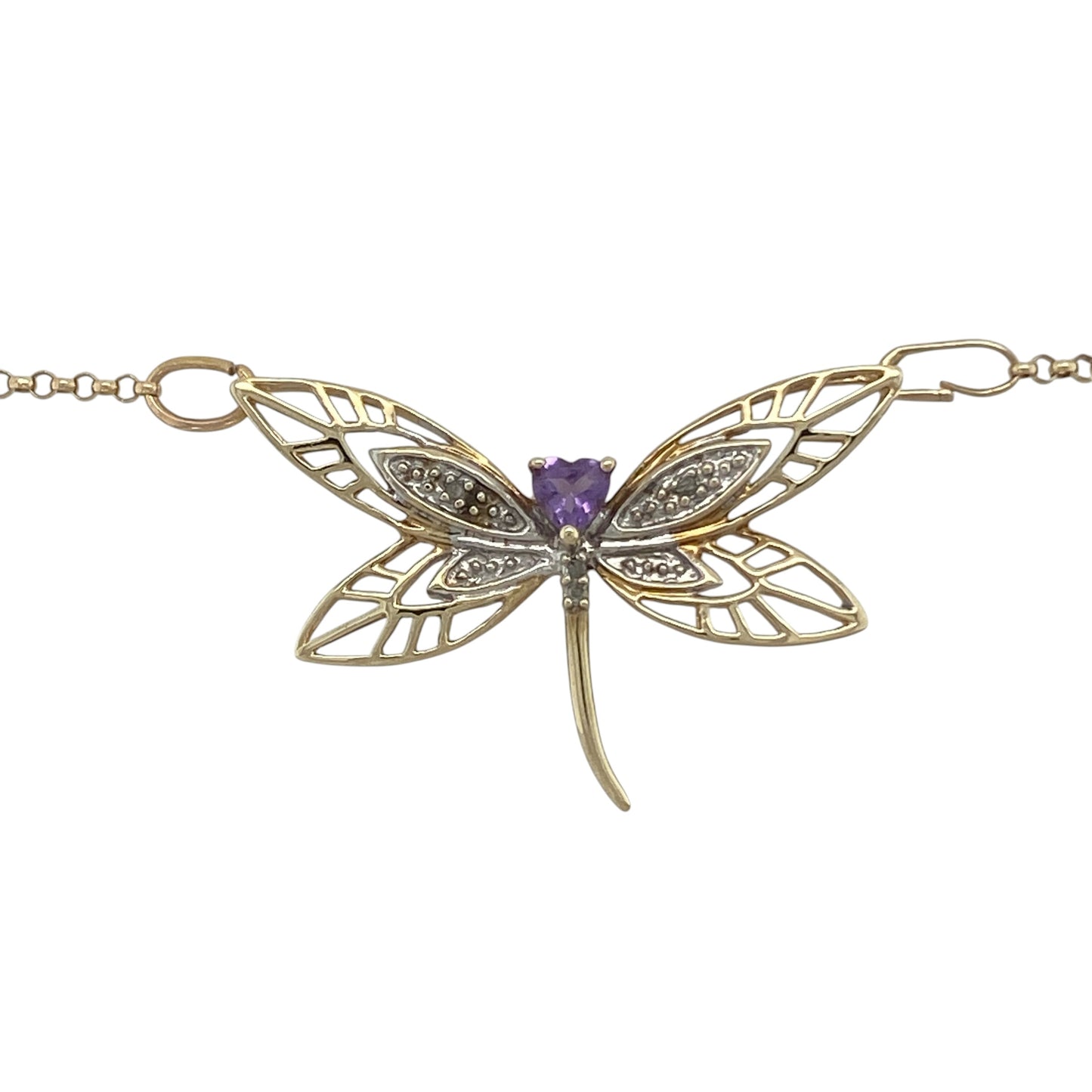Add a touch of nature-inspired elegance to your jewellery collection with this pre-owned 9ct yellow and white gold diamond and amethyst dragonfly necklace. Featuring a beautifully detailed dragonfly design accented with sparkling diamonds and a heart-shaped amethyst, this distinctive necklace combines symbolism, colour, and timeless style.

Design: The necklace showcases an elegant dragonfly motif measuring approximately 34mm by 22mm.