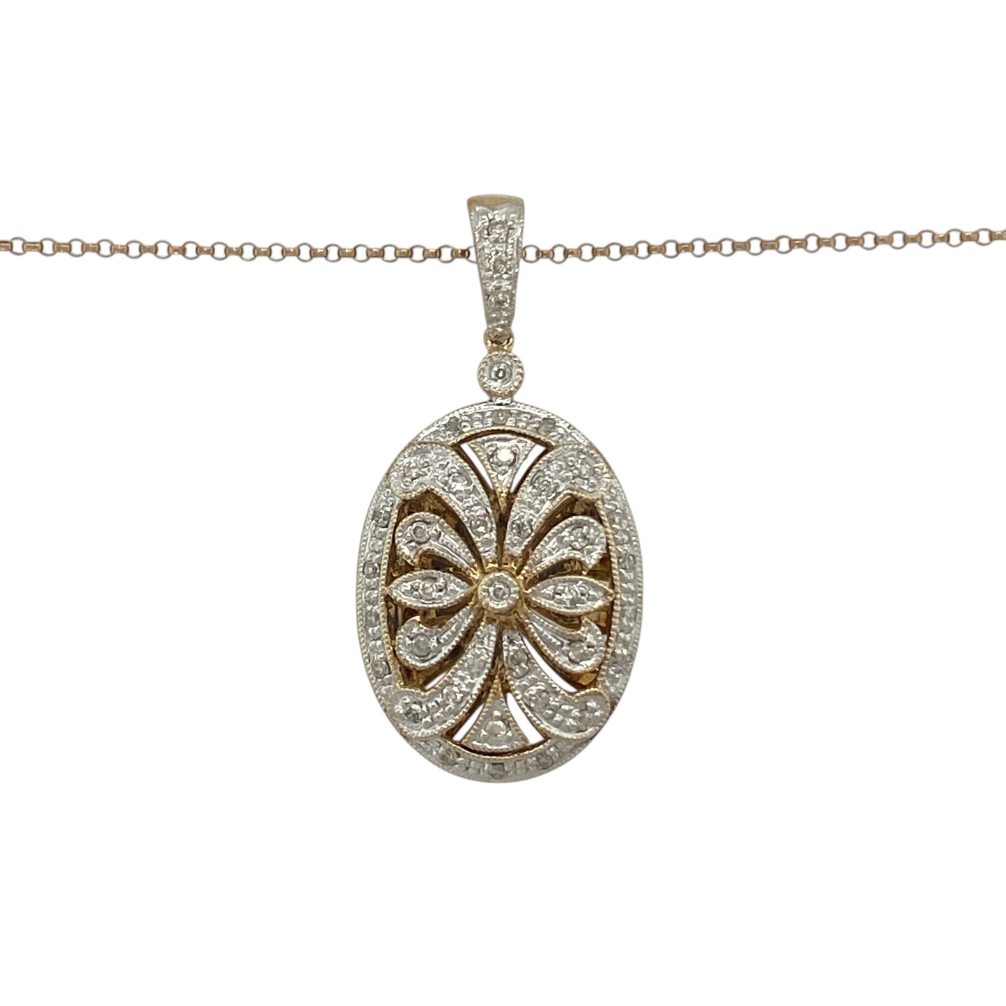 Keep treasured memories close with this pre-owned 9ct yellow and white gold diamond open patterned oval locket necklace. Featuring elegant openwork detailing, sparkling diamond accents, and a timeless oval shape, this beautiful locket combines sentimental value with classic jewellery styling.

Design: The locket showcases an attractive oval design with intricate open patterned detailing to the front, creating a delicate and elegant appearance.