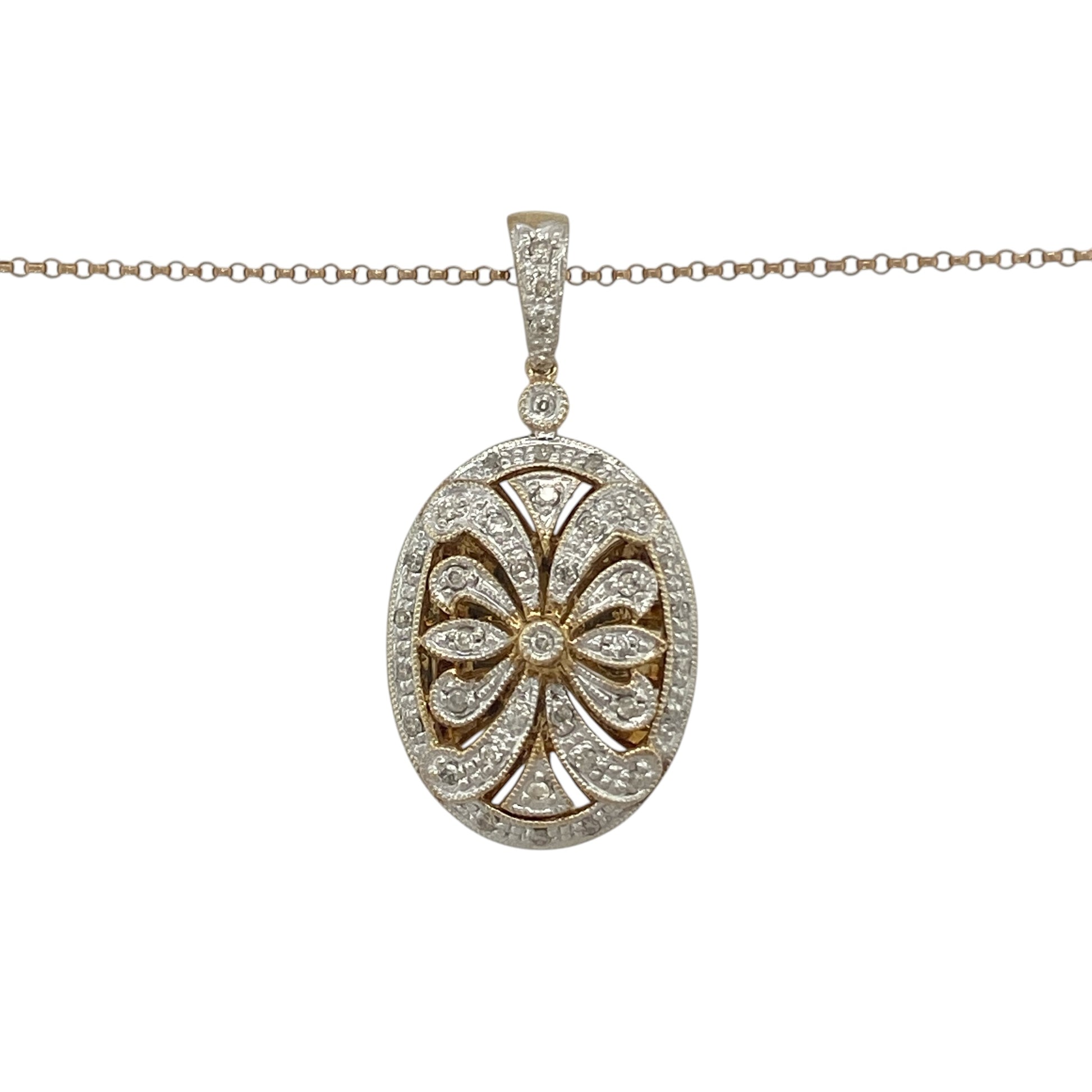 Keep treasured memories close with this pre-owned 9ct yellow and white gold diamond open patterned oval locket necklace. Featuring elegant openwork detailing, sparkling diamond accents, and a timeless oval shape, this beautiful locket combines sentimental value with classic jewellery styling.

Design: The locket showcases an attractive oval design with intricate open patterned detailing to the front, creating a delicate and elegant appearance.