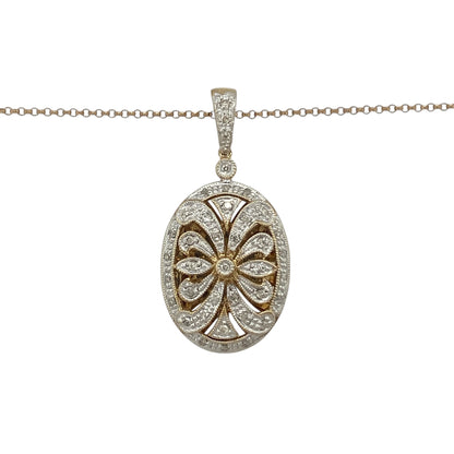 Keep treasured memories close with this pre-owned 9ct yellow and white gold diamond open patterned oval locket necklace. Featuring elegant openwork detailing, sparkling diamond accents, and a timeless oval shape, this beautiful locket combines sentimental value with classic jewellery styling.

Design: The locket showcases an attractive oval design with intricate open patterned detailing to the front, creating a delicate and elegant appearance.
