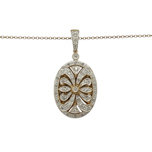 Keep treasured memories close with this pre-owned 9ct yellow and white gold diamond open patterned oval locket necklace. Featuring elegant openwork detailing, sparkling diamond accents, and a timeless oval shape, this beautiful locket combines sentimental value with classic jewellery styling.

Design: The locket showcases an attractive oval design with intricate open patterned detailing to the front, creating a delicate and elegant appearance.