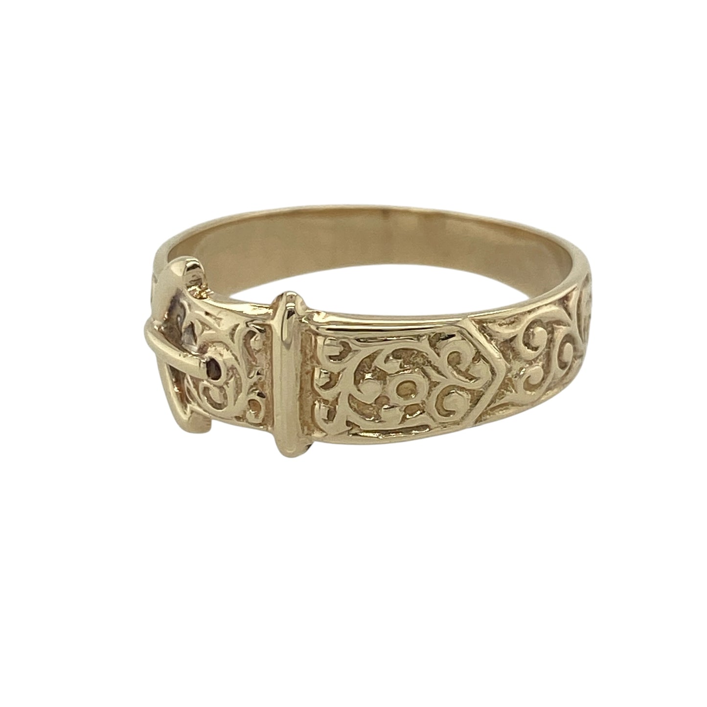 Add a touch of traditional charm to your jewellery collection with this pre-owned 9ct yellow gold buckle ring. Featuring the classic buckle motif, a design long associated with loyalty, strength, and enduring love, this elegant ring offers timeless appeal and everyday versatility.

Design: The ring showcases a detailed buckle design across the front, measuring approximately 8mm in width. The distinctive buckle motif creates an eye-catching focal point while maintaining a refined and wearable appearance.