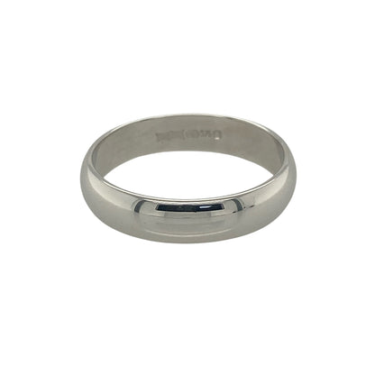Celebrate timeless elegance and enduring commitment with this pre-owned 9ct white gold wedding band ring. Featuring a classic 4mm profile and sleek white gold finish, this versatile ring offers a contemporary take on a traditional design.

Design: The ring showcases a classic wedding band style with a 4mm width, creating a balanced and comfortable profile that is suitable for both everyday wear and special occasions. Its clean, polished finish gives it a refined and timeless appearance.