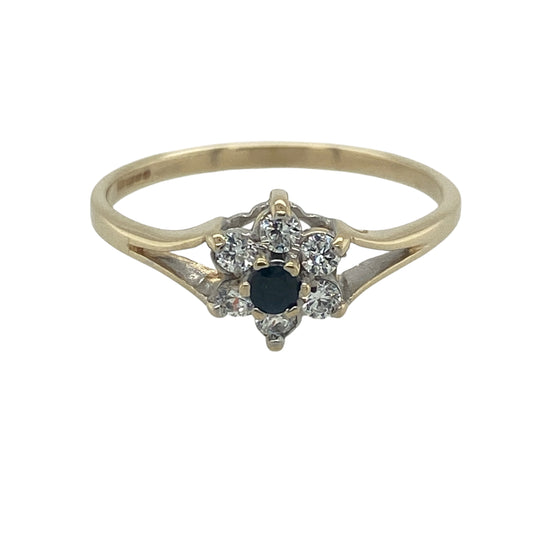 9ct Gold Sapphire & Cubic Zirconia Flower Cluster Ring