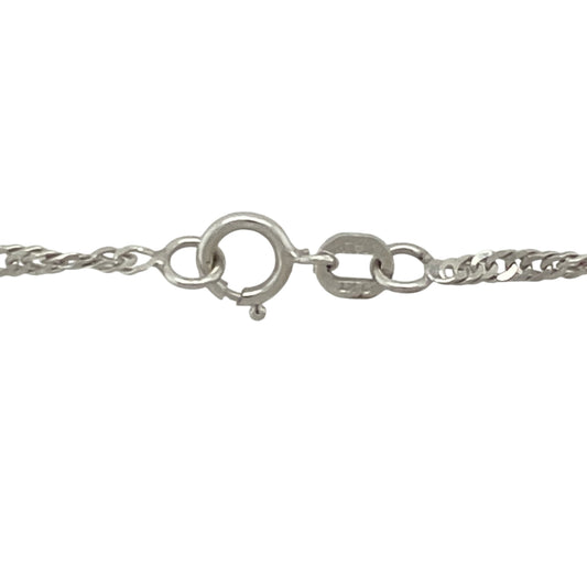 Add timeless elegance and distinctive style to your jewellery collection with this pre-owned 9ct white gold Singapore chain necklace. Featuring the characteristic twisted design that Singapore chains are renowned for, this beautiful necklace offers eye-catching sparkle and versatile wearability.

Design: The necklace showcases a classic Singapore chain design, formed from intricately twisted links that create a fluid, shimmering appearance as they catch the light.