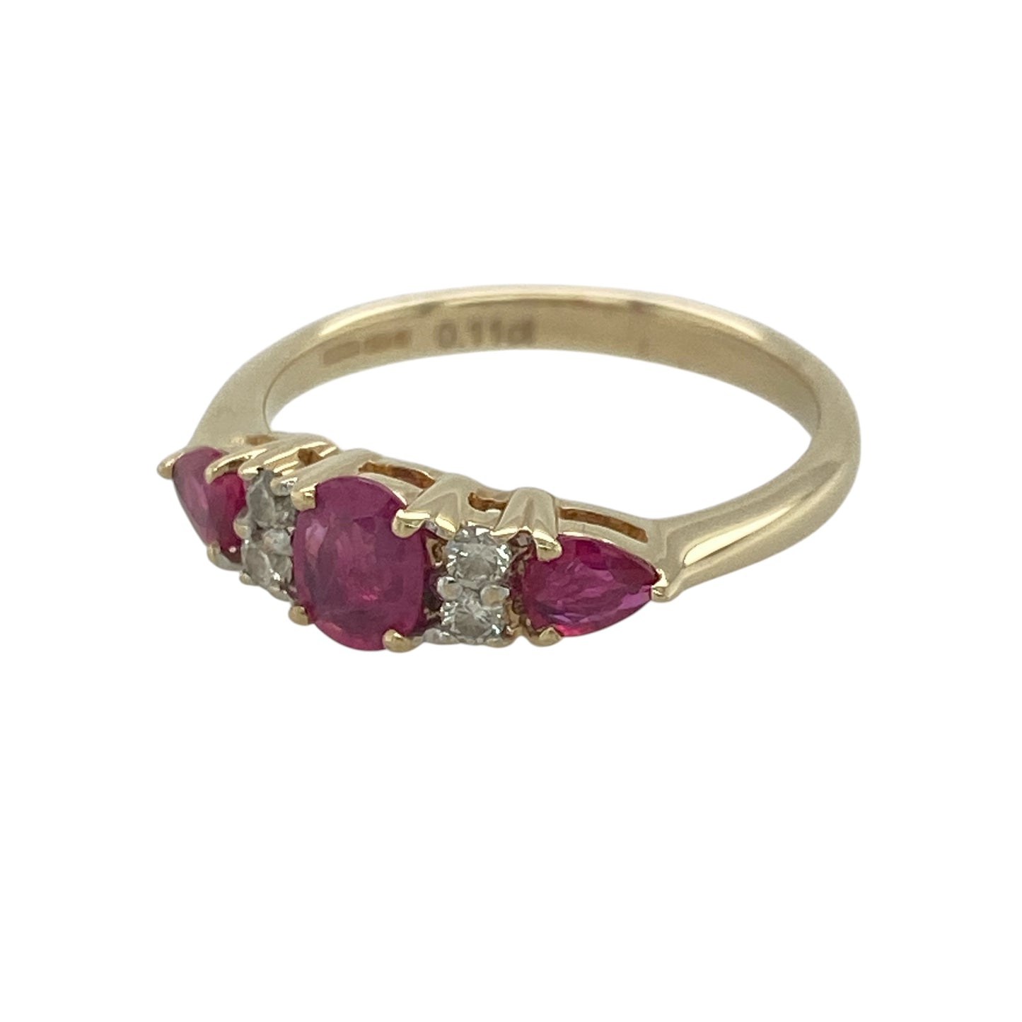 Add a vibrant splash of colour and timeless elegance to your jewellery collection with this pre-owned 9ct yellow gold diamond and ruby band ring. Featuring a beautiful arrangement of rich red rubies accented by sparkling diamonds, this eye-catching ring offers classic styling with a luxurious touch.

Design: The ring is centred by an oval ruby measuring approximately 5mm by 4mm, creating a striking focal point.
