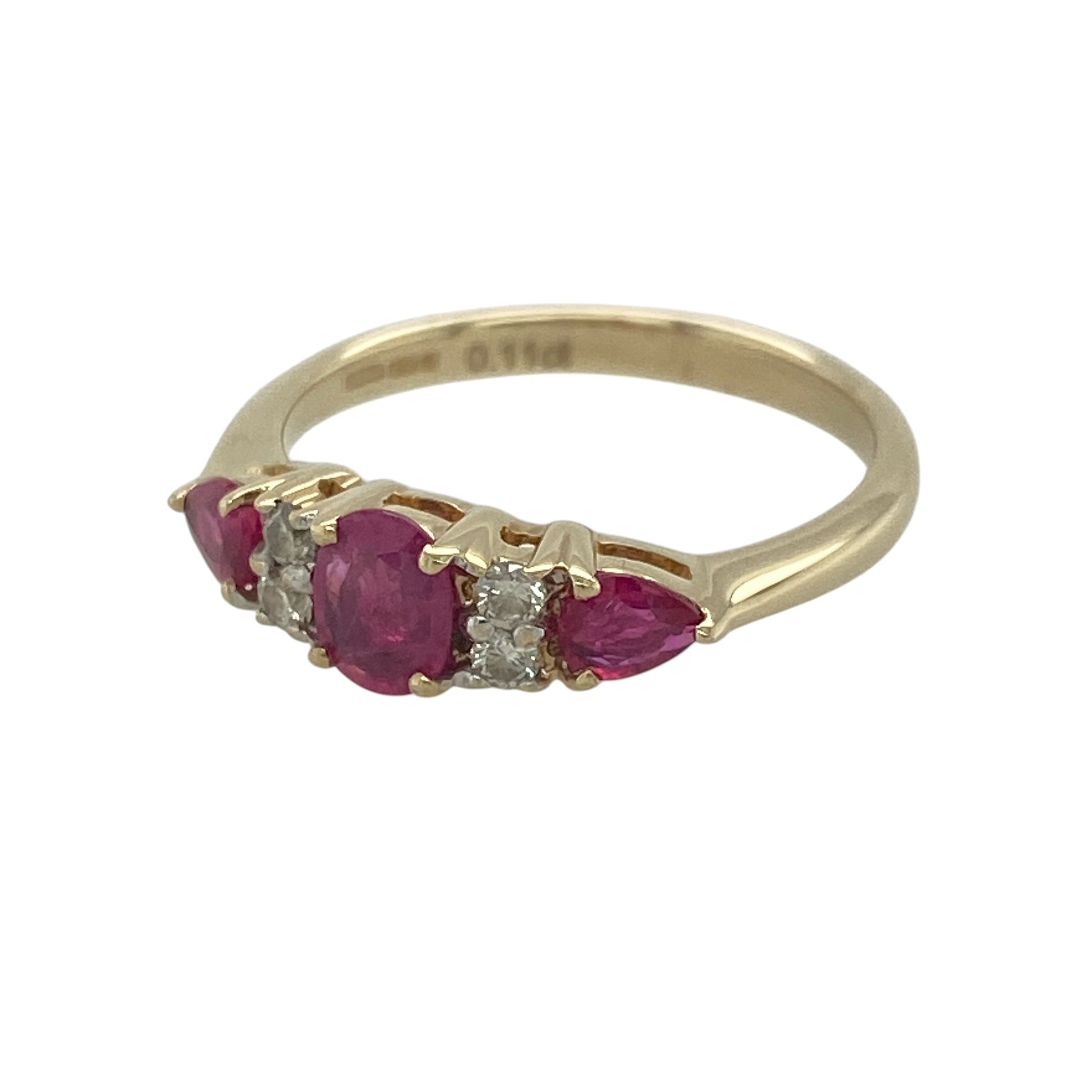 Add a vibrant splash of colour and timeless elegance to your jewellery collection with this pre-owned 9ct yellow gold diamond and ruby band ring. Featuring a beautiful arrangement of rich red rubies accented by sparkling diamonds, this eye-catching ring offers classic styling with a luxurious touch.

Design: The ring is centred by an oval ruby measuring approximately 5mm by 4mm, creating a striking focal point.