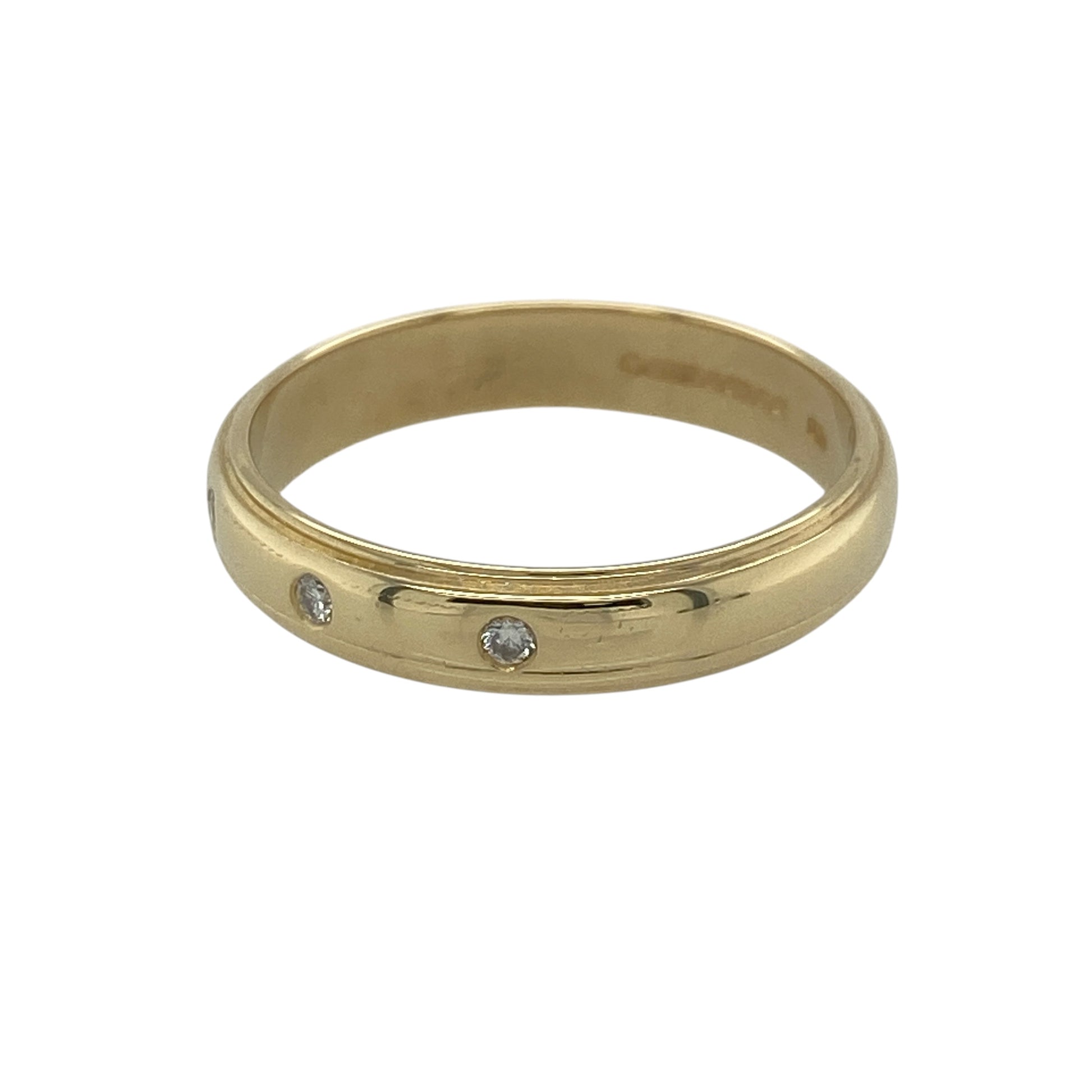 Embrace timeless elegance with this pre-owned 18ct yellow gold diamond trilogy band ring. Combining the rich warmth of 18-carat gold with the subtle sparkle of three diamonds, this classic ring offers a sophisticated and versatile design suitable for any occasion.

Design: The ring features a refined band design measuring approximately 4mm in width, set with three small diamonds across the front.