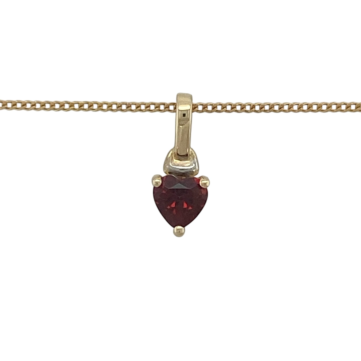 Add a touch of romance and rich colour to your jewellery collection with this pre-owned 9ct yellow gold garnet heart pendant necklace. Featuring a beautiful heart-shaped garnet suspended from a classic curb chain, this elegant piece combines timeless symbolism with everyday wearability.

Design: The necklace features a charming heart-shaped pendant set with a deep red garnet gemstone measuring approximately 5mm.