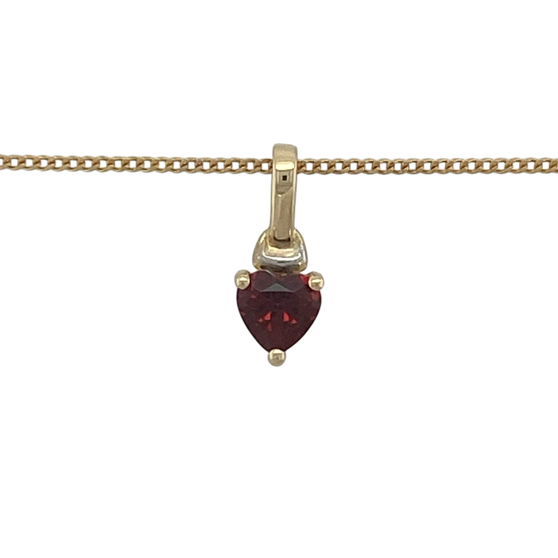 Add a touch of romance and rich colour to your jewellery collection with this pre-owned 9ct yellow gold garnet heart pendant necklace. Featuring a beautiful heart-shaped garnet suspended from a classic curb chain, this elegant piece combines timeless symbolism with everyday wearability.

Design: The necklace features a charming heart-shaped pendant set with a deep red garnet gemstone measuring approximately 5mm.