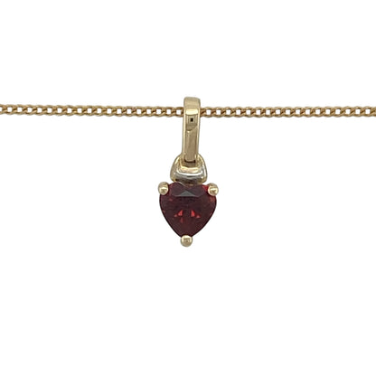 Add a touch of romance and rich colour to your jewellery collection with this pre-owned 9ct yellow gold garnet heart pendant necklace. Featuring a beautiful heart-shaped garnet suspended from a classic curb chain, this elegant piece combines timeless symbolism with everyday wearability.

Design: The necklace features a charming heart-shaped pendant set with a deep red garnet gemstone measuring approximately 5mm.
