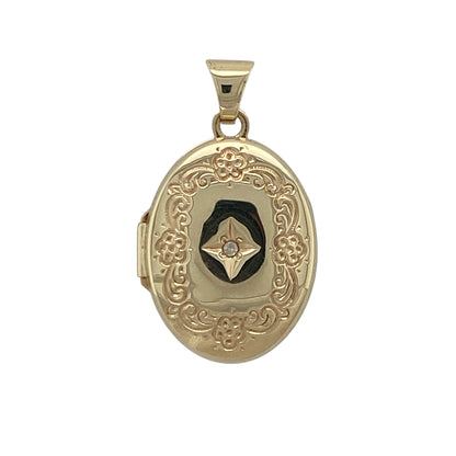 9ct Gold & Diamond Patterned Oval Locket
