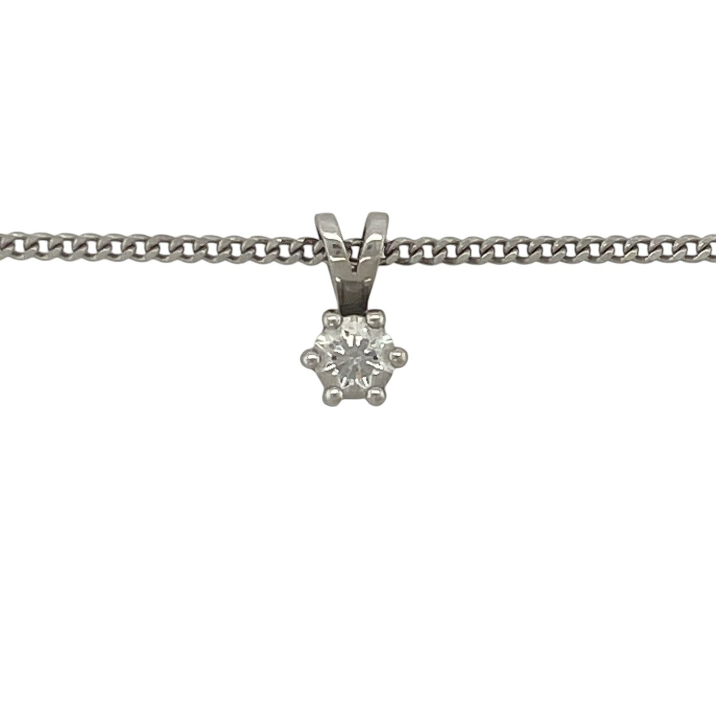 Elegant in its simplicity, this pre-owned 18ct white gold diamond solitaire pendant necklace is a timeless jewellery essential. Featuring a sparkling solitaire diamond suspended from a fine curb chain, this classic design offers understated luxury suitable for any occasion.

Design: The necklace features a delicate solitaire diamond pendant designed to showcase the beauty and brilliance of a single diamond.