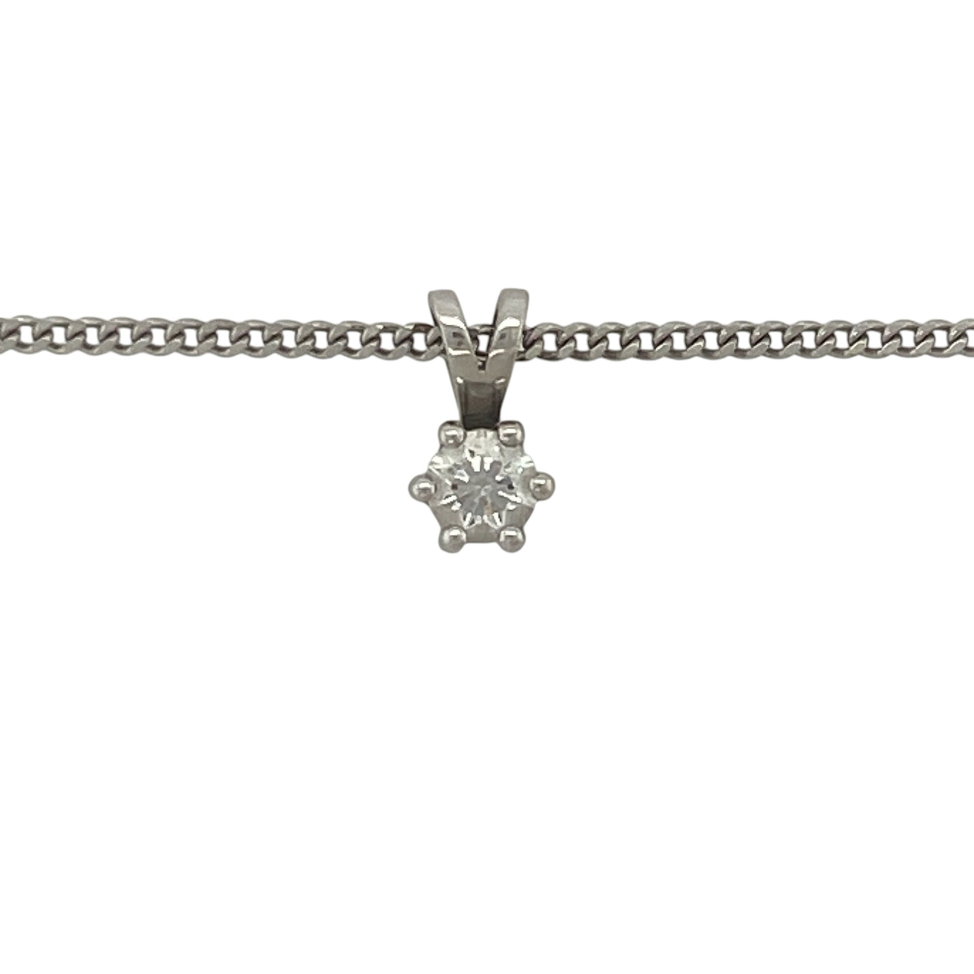 Elegant in its simplicity, this pre-owned 18ct white gold diamond solitaire pendant necklace is a timeless jewellery essential. Featuring a sparkling solitaire diamond suspended from a fine curb chain, this classic design offers understated luxury suitable for any occasion.

Design: The necklace features a delicate solitaire diamond pendant designed to showcase the beauty and brilliance of a single diamond.