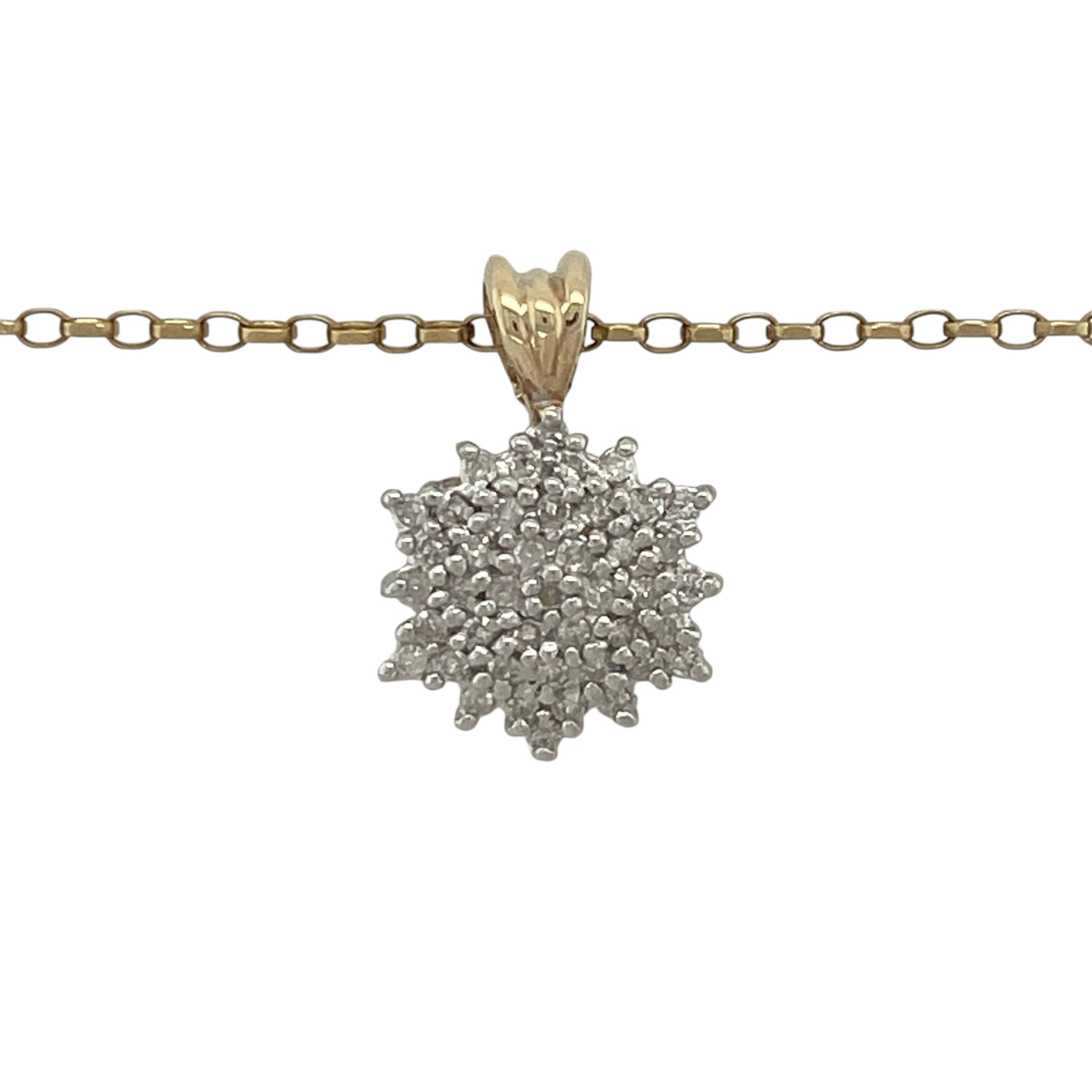 Add timeless sparkle and elegance to your jewellery collection with this pre-owned 9ct yellow gold diamond cluster pendant necklace. Featuring a dazzling diamond cluster suspended from a classic belcher chain, this beautiful piece offers eye-catching brilliance and versatile style.

Design: The necklace showcases a diamond cluster pendant designed to maximise sparkle and create an impressive display of brilliance. 