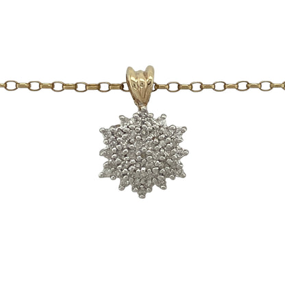 Add timeless sparkle and elegance to your jewellery collection with this pre-owned 9ct yellow gold diamond cluster pendant necklace. Featuring a dazzling diamond cluster suspended from a classic belcher chain, this beautiful piece offers eye-catching brilliance and versatile style.

Design: The necklace showcases a diamond cluster pendant designed to maximise sparkle and create an impressive display of brilliance. 