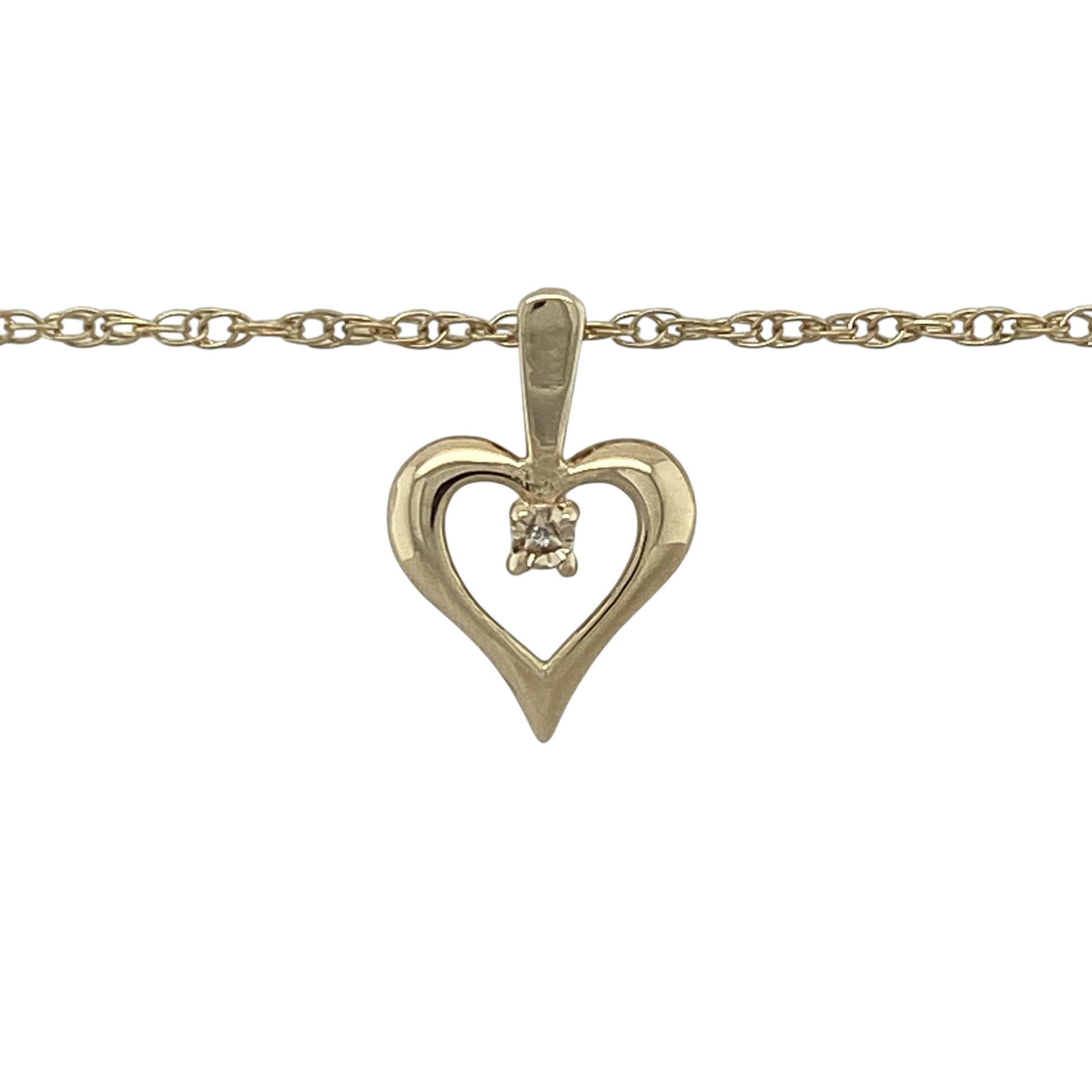 Celebrate love and elegance with this pre-owned 9ct yellow gold diamond open heart pendant necklace. Featuring a graceful open heart design accented with sparkling diamonds, this delicate necklace combines timeless symbolism with classic gold craftsmanship.

Design: The necklace showcases an elegant open heart pendant, symbolising love, affection, and cherished connections. Diamond detailing adds a touch of brilliance, enhancing the graceful curves of the heart design.