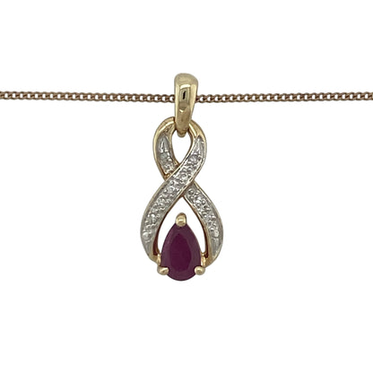 Add a touch of vibrant colour and graceful elegance to your jewellery collection with this pre-owned 9ct yellow and white gold diamond and ruby twist pendant necklace. Featuring a beautiful teardrop ruby embraced by a flowing two-tone twist design, this necklace offers timeless sophistication and eye-catching appeal.

Design: The pendant showcases an elegant twist design crafted in yellow and white gold, creating a flowing and contemporary silhouette.