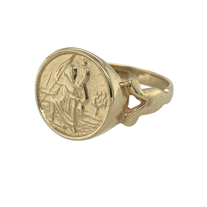 Combine timeless style with meaningful symbolism in this pre-owned 9ct yellow gold St Christopher signet ring. Featuring the iconic image of St Christopher within a classic signet design, this attractive ring is both a stylish accessory and a cherished symbol of protection.

Design: The ring showcases a traditional signet-style head featuring a St Christopher motif, creating a distinctive and meaningful focal point.