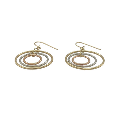 Add versatile elegance to your jewellery collection with these pre-owned 14ct yellow, rose, and white gold three circle drop earrings. Beautifully crafted in tri-colour gold, these contemporary earrings combine graceful movement with timeless styling.

Design: The earrings feature three interlinked circular drops crafted in yellow, rose, and white gold. The flowing design creates an attractive sense of movement while showcasing the distinctive beauty of each gold colour.