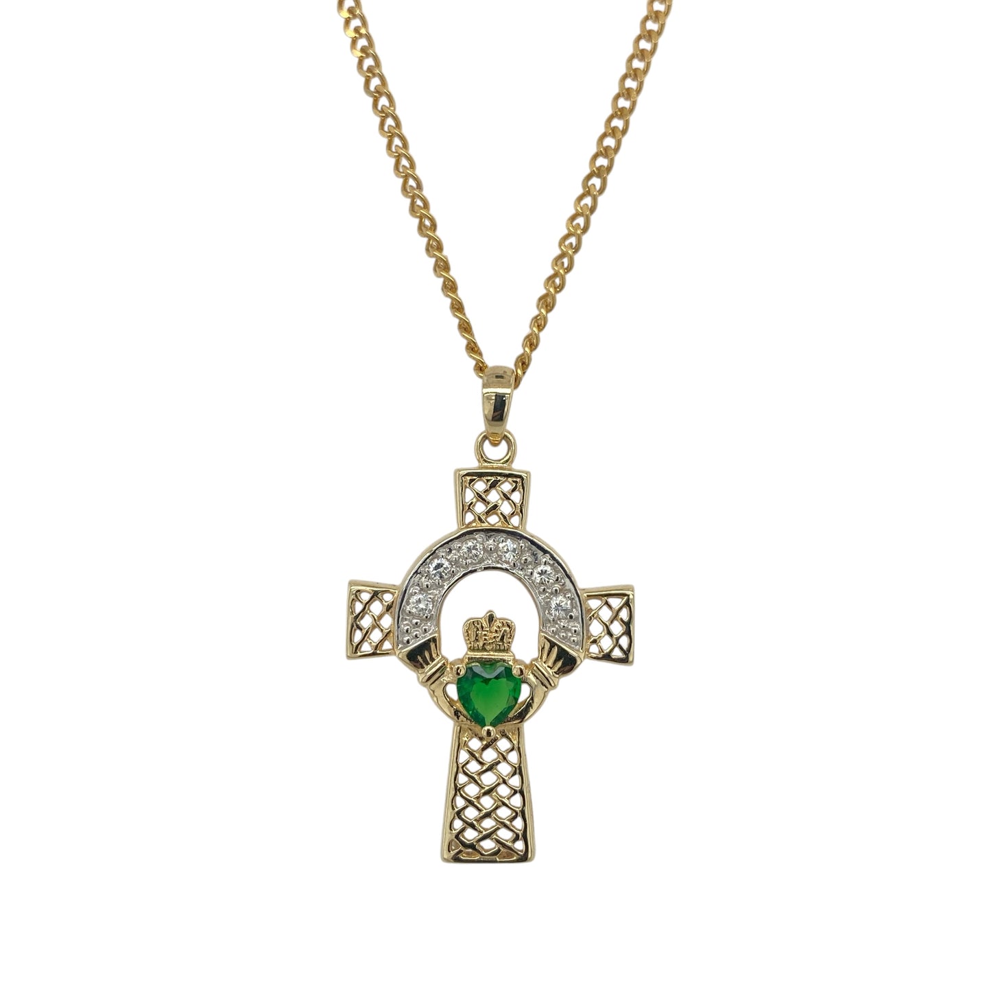 9ct Gold Emerald & Cubic Zirconia Celtic Claddagh Cross 18" Necklace