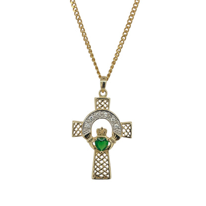 9ct Gold Emerald & Cubic Zirconia Celtic Claddagh Cross 18" Necklace