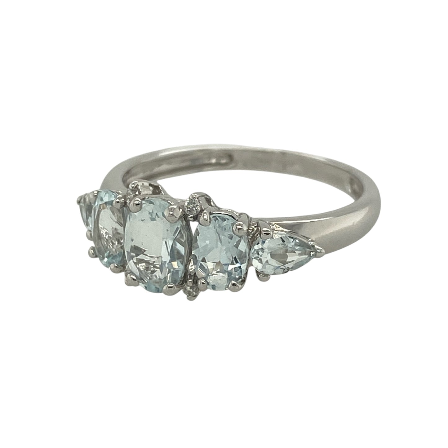 Add a beautiful touch of colour and sparkle to your jewellery collection with this pre-owned 9ct white gold diamond and aquamarine-style band ring. Featuring an elegant arrangement of aquamarine-coloured stones accented with diamonds, this eye-catching ring combines graceful design with timeless sophistication.

Design: The ring showcases a striking multi-stone band design, centred with three oval aquamarine-coloured stones.