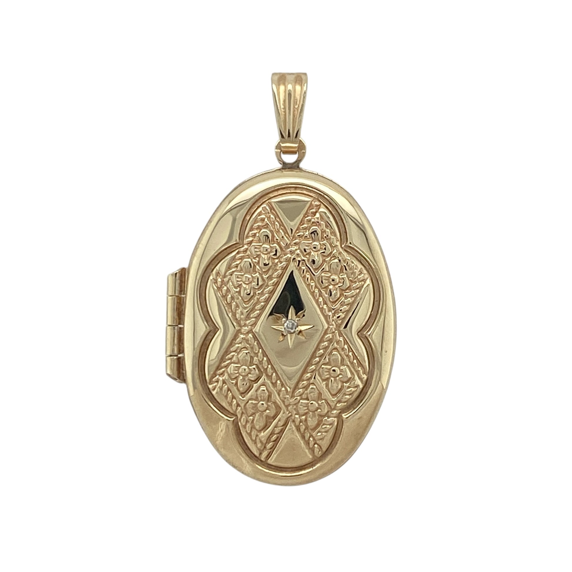 9ct Gold & Diamond Patterned Oval Locket