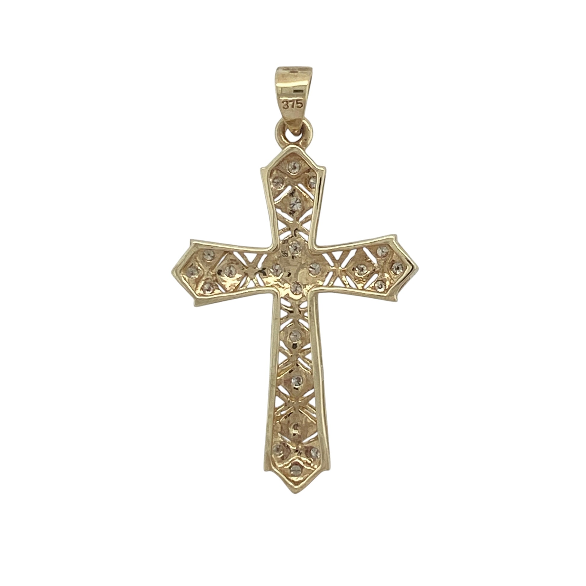 Express faith and elegance with this pre-owned 9ct yellow gold multi-diamond criss-cross patterned cross pendant. Beautifully crafted with intricate detailing and sparkling diamond accents, this distinctive pendant combines meaningful symbolism with timeless style.

Design: The pendant features a classic cross design enhanced by an attractive criss-cross patterned finish. The textured detailing adds depth and visual interest, creating a unique interpretation of a traditional symbol. 