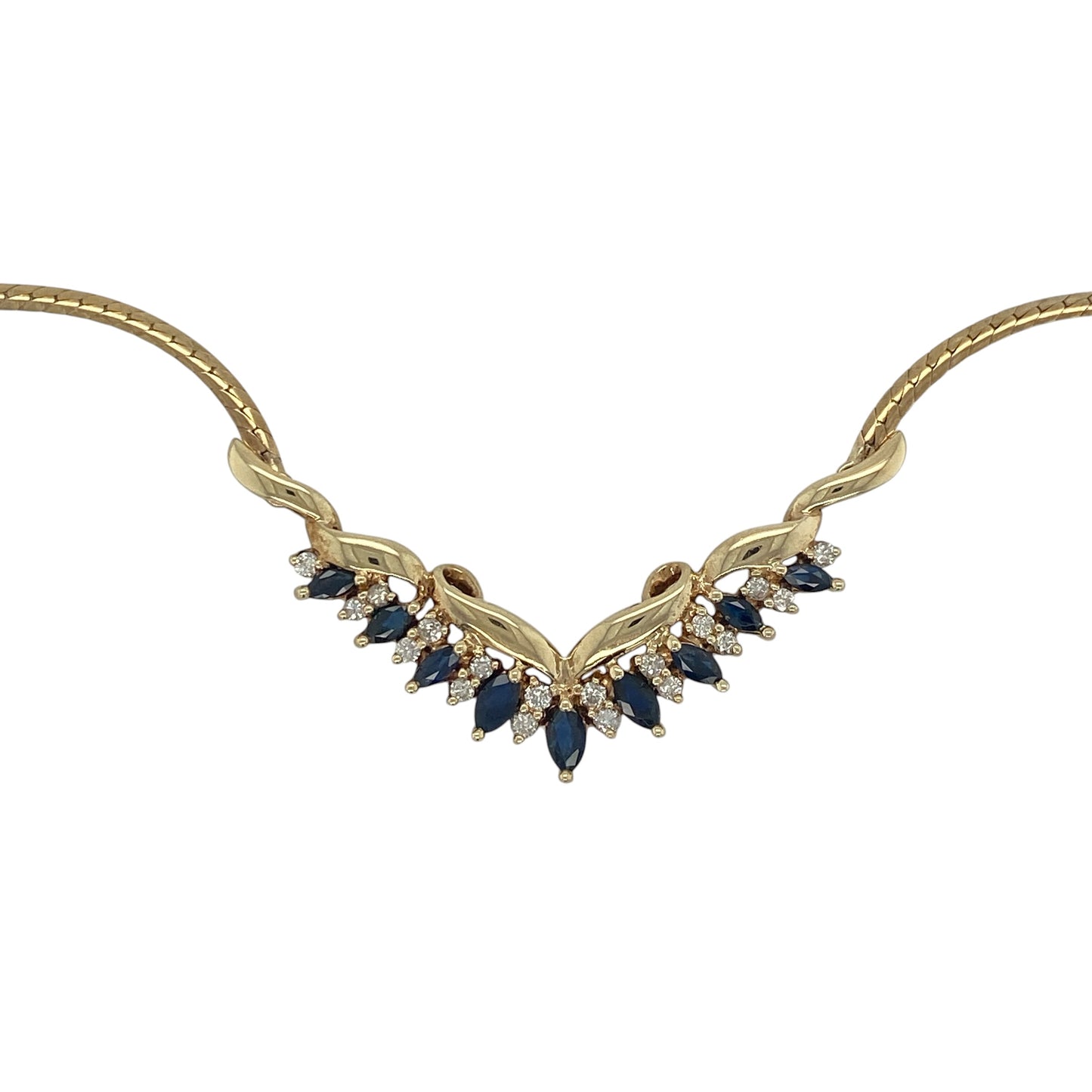 Make an elegant statement with this pre-owned 9ct gold diamond and sapphire Y-style necklace. Showcasing a beautiful arrangement of marquise-cut sapphire stones accented by sparkling diamonds, this sophisticated necklace combines timeless luxury with graceful design.

Design: The necklace features a striking Y-style design that elegantly elongates the neckline.