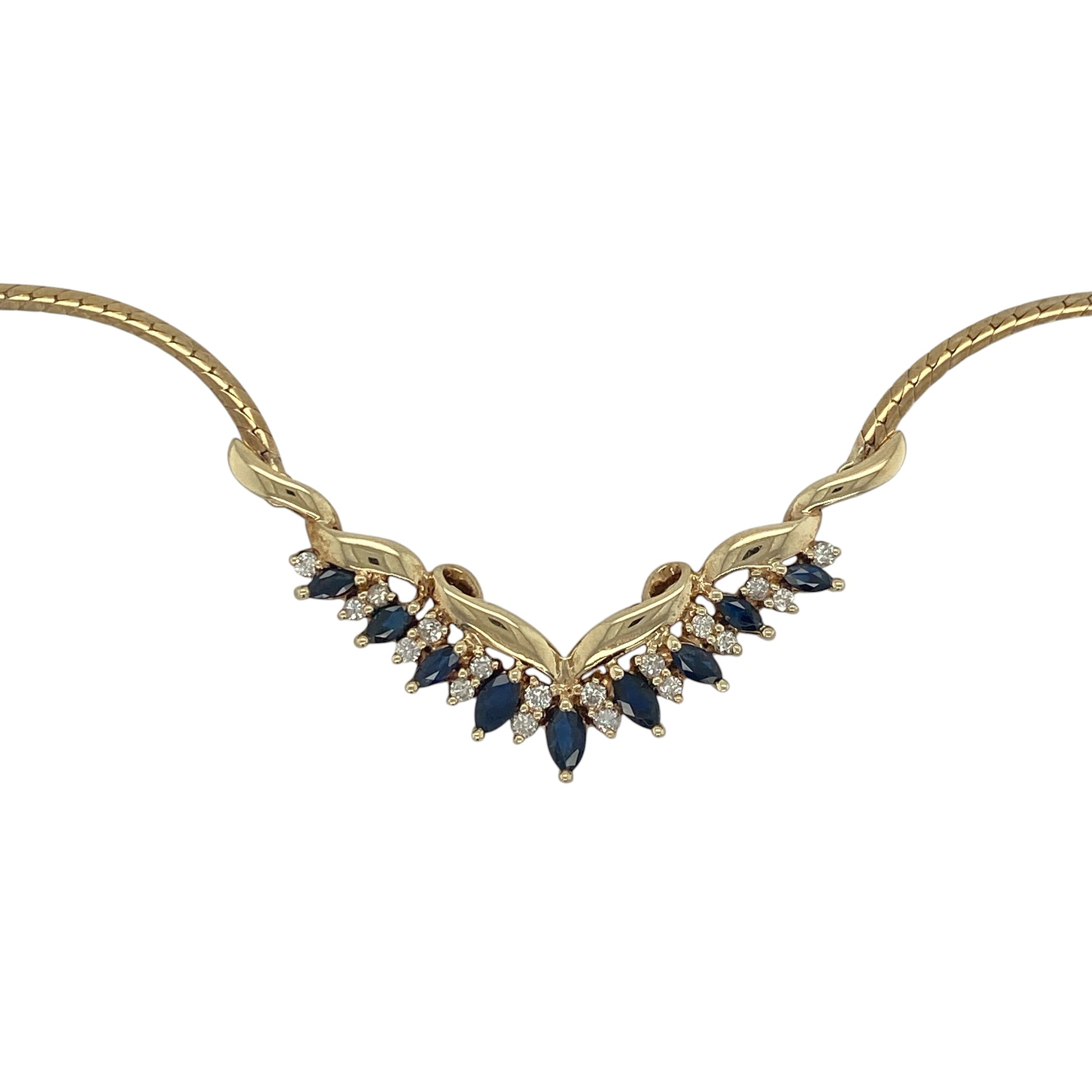 Make an elegant statement with this pre-owned 9ct gold diamond and sapphire Y-style necklace. Showcasing a beautiful arrangement of marquise-cut sapphire stones accented by sparkling diamonds, this sophisticated necklace combines timeless luxury with graceful design.

Design: The necklace features a striking Y-style design that elegantly elongates the neckline.