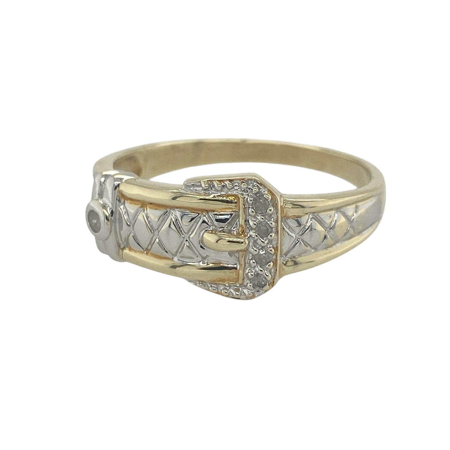 Make a bold statement with this pre-owned 9ct yellow and white gold diamond buckle ring. Combining a classic buckle motif with elegant two-tone gold styling and sparkling diamond accents, this distinctive ring offers both symbolic meaning and timeless appeal.

Design: The ring features an eye-catching buckle design across the front, measuring approximately 10mm in height. The buckle motif is a traditional symbol of strength, loyalty, and enduring commitment, making this piece both meaningful and stylish.
