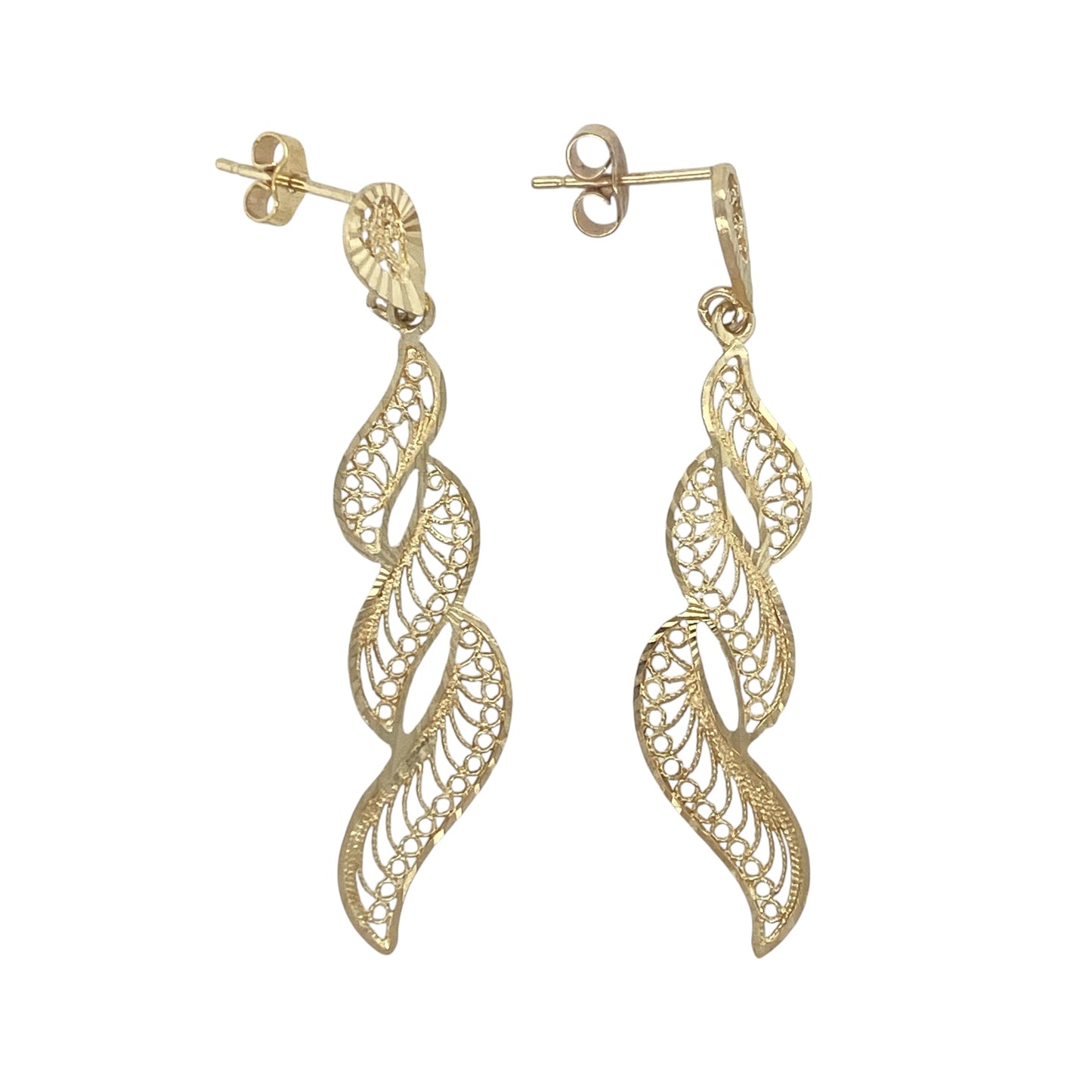 9ct Gold Open Filigree Patterned Swirl Drop Earrings