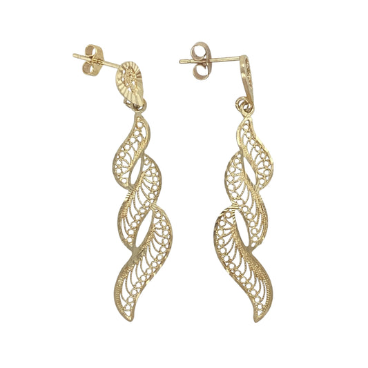 9ct Gold Open Filigree Patterned Swirl Drop Earrings