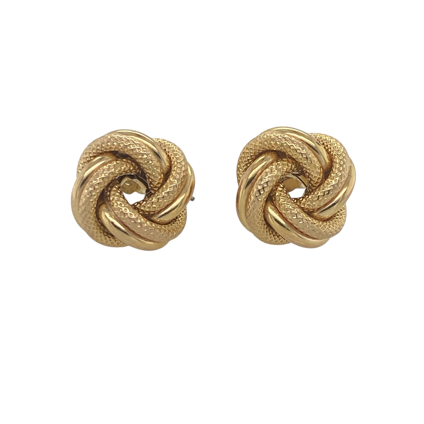 Add timeless elegance to your jewellery collection with these pre-owned 9ct yellow gold patterned knot stud earrings. Beautifully crafted with decorative detailing, these classic earrings combine meaningful symbolism with versatile everyday style.

Design: The earrings feature an attractive knot motif measuring approximately 11mm in diameter. Enhanced with a patterned finish, the intertwined design creates texture, depth, and visual interest while maintaining a refined and sophisticated appearance.