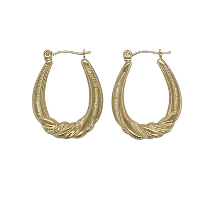 9ct Gold Patterned Twist Oval Creole Earrings