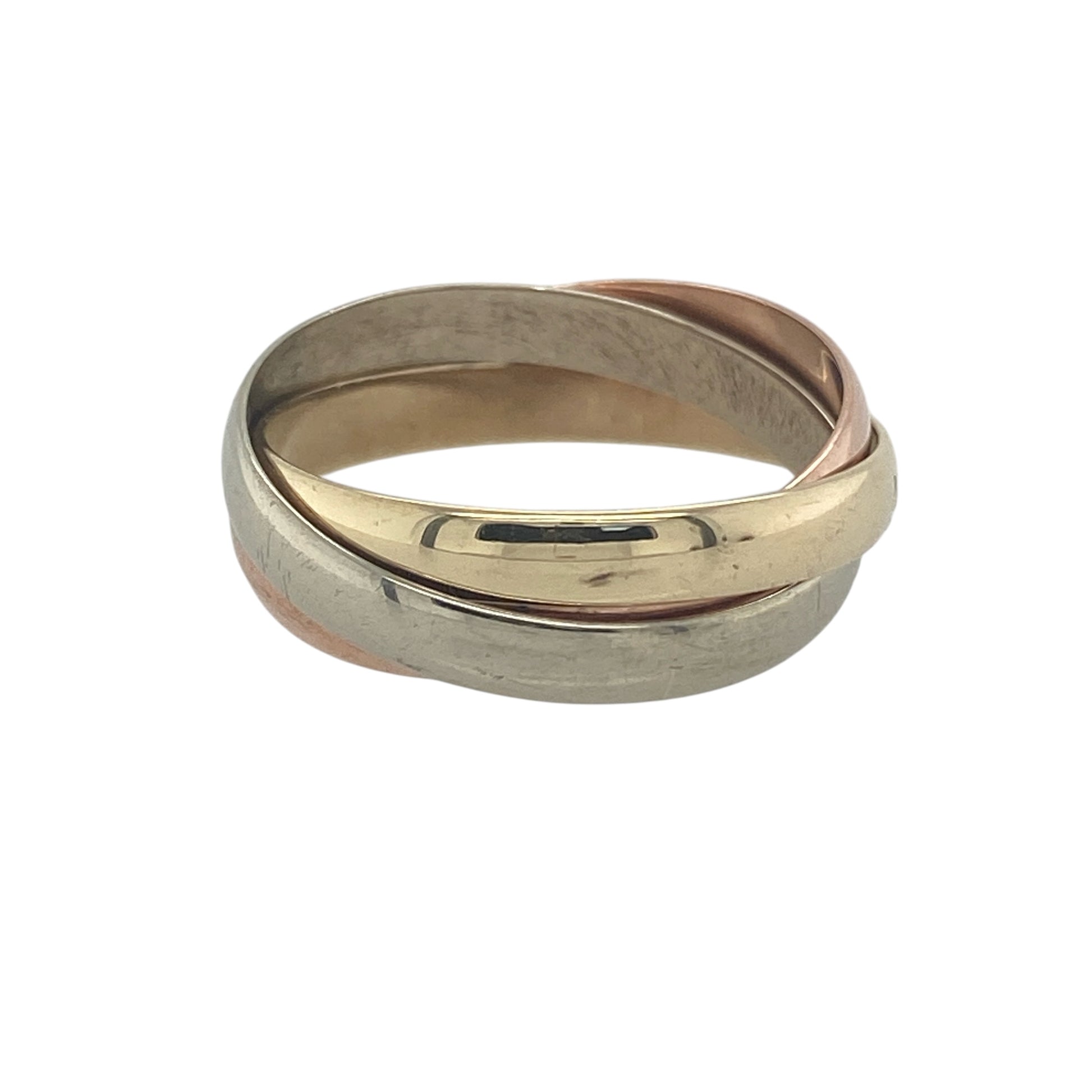 Stylish and versatile, this pre-owned 9ct yellow, white and rose gold three band ring beautifully combines three complementary gold tones in one elegant design. With its contemporary look and timeless appeal, this ring is a wonderful addition to any jewellery collection.

Design: The ring features three interlocking bands crafted in yellow, white, and rose gold, creating a striking tri-colour effect.