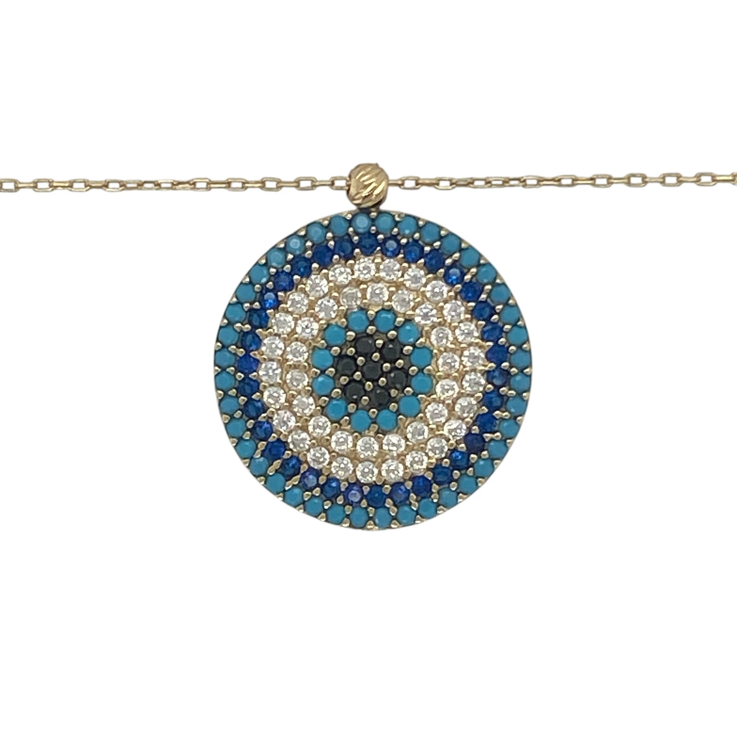 Stylish and meaningful, this pre-owned 9ct yellow gold Nazar Protective Eye pendant necklace combines timeless gold craftsmanship with a symbolic design believed to offer protection and good fortune. Elegant and versatile, it makes a thoughtful gift or personal keepsake.

Design: The necklace features a round Nazar Protective Eye pendant measuring approximately 2cm in length, including the bail.