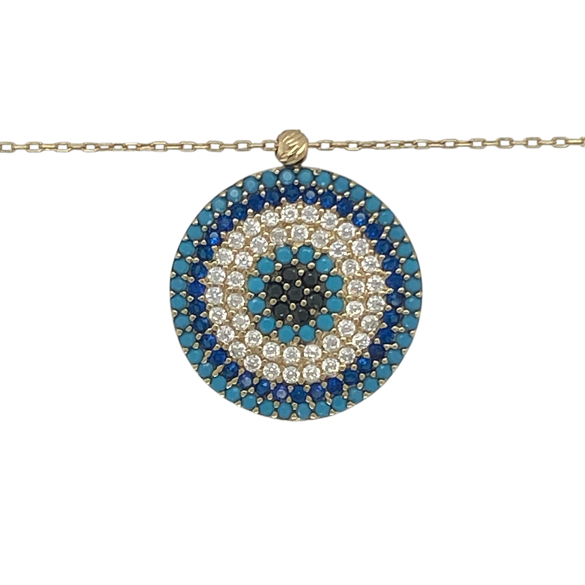 Stylish and meaningful, this pre-owned 9ct yellow gold Nazar Protective Eye pendant necklace combines timeless gold craftsmanship with a symbolic design believed to offer protection and good fortune. Elegant and versatile, it makes a thoughtful gift or personal keepsake.

Design: The necklace features a round Nazar Protective Eye pendant measuring approximately 2cm in length, including the bail.
