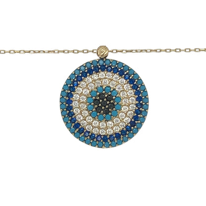 Stylish and meaningful, this pre-owned 9ct yellow gold Nazar Protective Eye pendant necklace combines timeless gold craftsmanship with a symbolic design believed to offer protection and good fortune. Elegant and versatile, it makes a thoughtful gift or personal keepsake.

Design: The necklace features a round Nazar Protective Eye pendant measuring approximately 2cm in length, including the bail.
