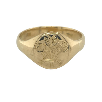18ct Gold Welsh Three Feathers Oval Signet Ring